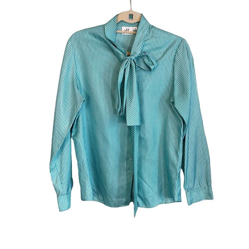 JH COLLECTIBLES Blouse S Stripe Tie Neck Bow Button Up Cuff Long Sleeve Teal VTG